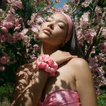 Hanbok Scrunchie in Pink Nabi model wearing Hanbok Scrunchie in Pink Nabi on her wrist