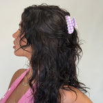Sweetheart Clip in Daisy Pink Picnic model wearing Sweetheart Clip in Daisy Pink Picnic in hair