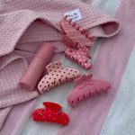 Big Effing Clip in Lychee Hibiscus aura hair + body mist in lychee baby on heavenly hair towel with assorted emi jay claw lips