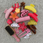 Big Effing Clip in Citrus Polka Dot aura hair + body mist in lychee baby with assorted emi jay hair accessories, and brush