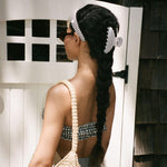 Big Effing Clip in Navy Gingham model wearing headband and Big Effing Clip in Navy Gingham