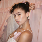 Big Effing Clip in Pink Sugar model with styling brush and 2 Big Effing Clips in Pink Sugar