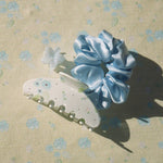 Sweet Dreams Silk Scrunchie in Sky Blue Sweet Dreams Silk Scrunchie in Sky Blue with big effing clip