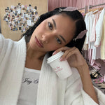 Cloud Popstar Clips in Angel Wish model wearing white robe and emi jay angel tank top with Cloud Popstar Clips in Angel Wish in hair while holding emi jay angel hold coffee