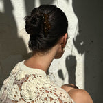 Comb Clip in Tortoise Papillon model wtih Comb Clip in Tortoise Papillon in hair