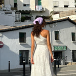 model standing with Crochet Head Scarf in Honey Lavender in hair