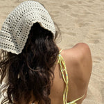 Crochet Head Scarf in Sugar Sand closeup of Crochet Head Scarf in Sugar Sand in hair