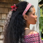 Halo Headband in Cherry Gingham model wearing Halo Headband in Cherry Gingham and super bloom clip