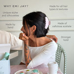 Big Effing Clip in Pink Mochi Sky why emi jay
unique styles and silhouettes
made for all hair types and textures
made by hand
made of cellulose acetate
stronger hold