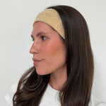 Infinity Headband in Oat Latte Knit model wearing Infinity Headband in Oat Latte Knit