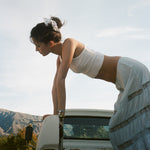 Linen Printed Scrunchie in Sweet Like Honey model wearing Linen Printed Scrunchie in Sweet Like Honey