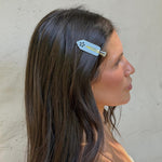 Popstar Clips in Blue Mist Eyelet model wearing Popstar Clips in Blue Mist Eyelet in hair