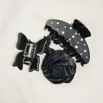 Rosette Scrunchie in Noir Rosette Scrunchie in Noir with Big Effing Clip and Bow Clip