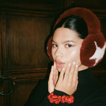 Sugar Muffs in Red Currant closeup of model wearing Sugar Muffs in Red Currant