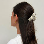 Sweetheart Clip in Cozy Cloud Gingham model wearing Sweetheart Clip in Cozy Cloud Gingham in hair