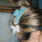 Big Effing Clip in Aquarius close up of model's hair with Big Effing Clip in Aquarius