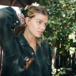 Big Effing Clip in Taurus model wearing Big Effing Clip in Taurus + Toasted with Plaid Print Scrunchie + Sweet Dreams Scrunchie in Cinnamon