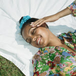 Cotton Scrunchie in Bluejay model wearing Cotton Scrunchie in Bluejay in hair