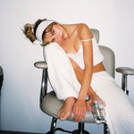 Pointelle Headband in Frosted Lilac model wearing Pointelle Headband in Frosted Lilac