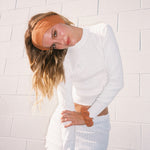 Pointelle Headband in Spice model wearing Pointelle Headband in Spice + Pointelle Scrunchie in Spice