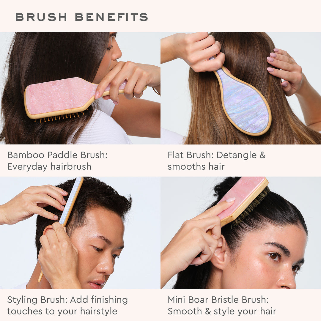 brush benefits 
bamboo paddle brush
everyday hairbrush
flat brush 
detangle & smooths hair
styling brush
Add finishing touches to your hairstyle
Mini Boar Bristle Brush
Smooth & style your hair