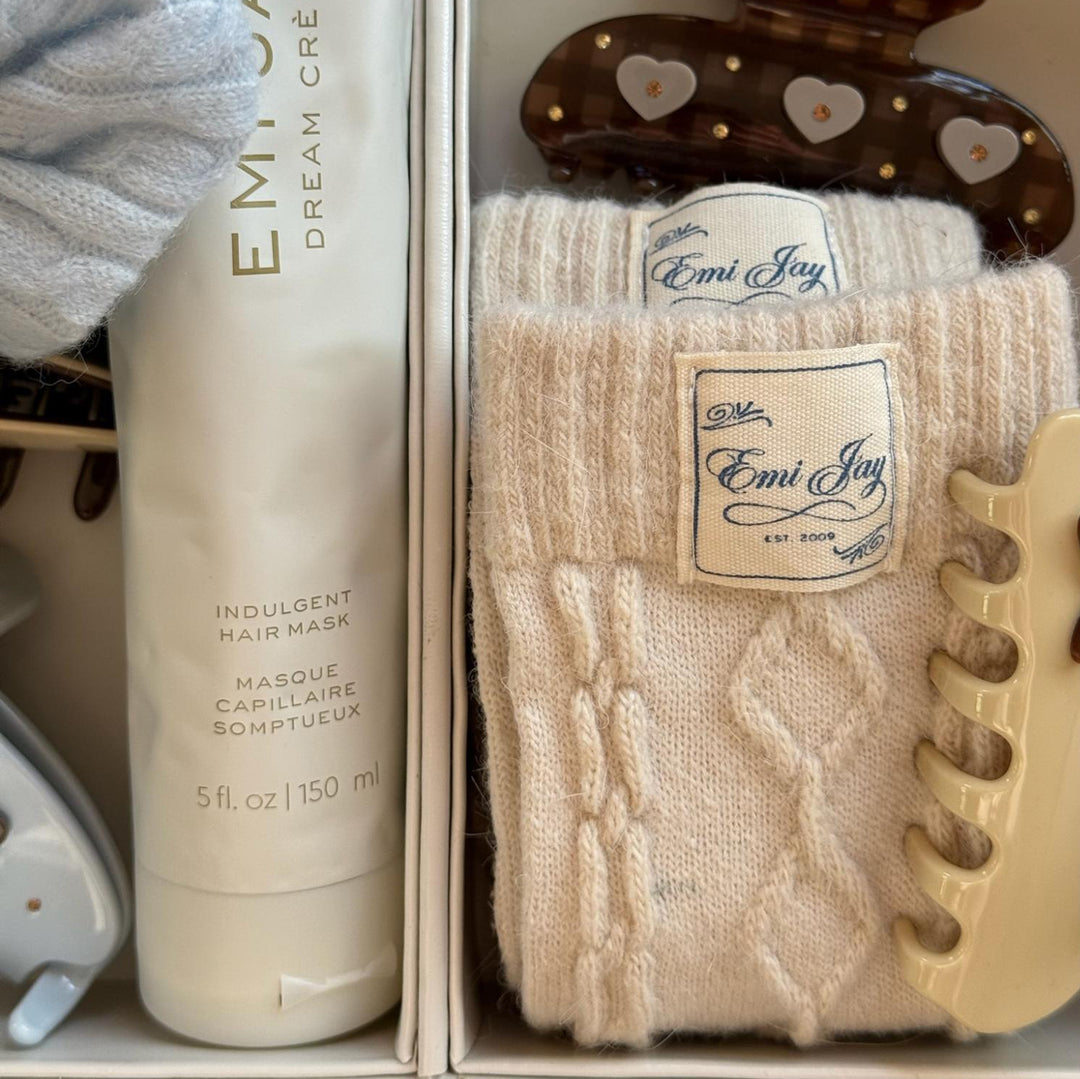 Bedtime Angel Socks in vanity case with assorted emi jay hair care and accessories