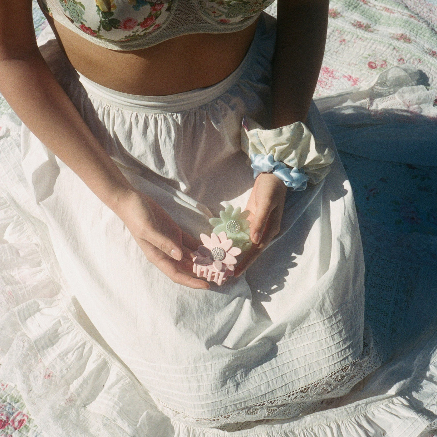 model wearing Linen Printed Scrunchie in Honey Butter on wrist