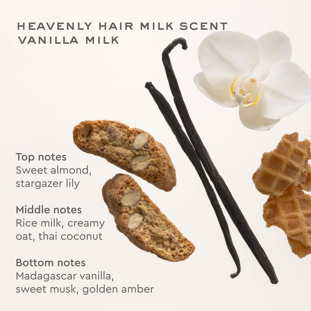 heavenly hair milk scent vanilla milk
top notes
sweet almond, stargazer lily
middle notes
rice milk, creamy oat, thai coconut
bottom notes
madagascar vanilla, sweet musk, golden amber
