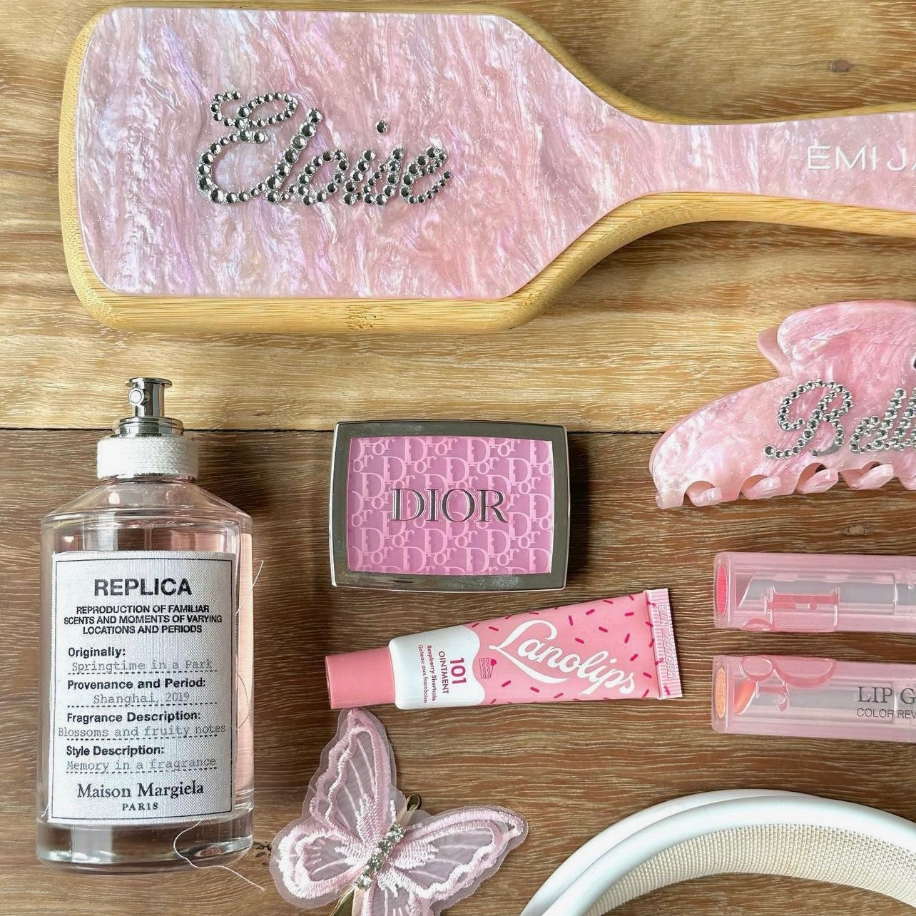 Custom Bamboo Paddle Brushin in Pink Sugar Eloise with assorted accessories