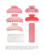 1 big effing clip in lychee hibiscus
2 sweetheart clip in lychee berry dot
3 big effing clip in lychee baby
4 sweetheart clip in berry beach club
5 big effing clip in blush dot
6 aura hair + body mist in lychee baby
7 angelstick smoothing balm