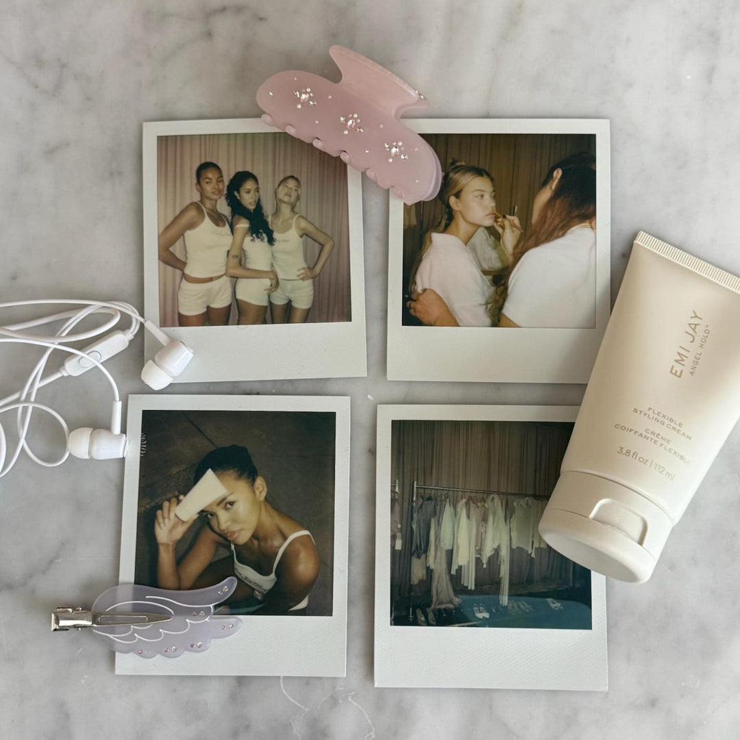 emi jay hair care and accessories with polaroids from Angel Hold photoshoot and headphones