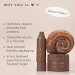 Emi Jay Dream Creme Immensely Rich Mask and Emi Jay Dream Creme Toasted Sugar shower fragrance set, styled with a cinnamon bun on a beige background with promotional text.