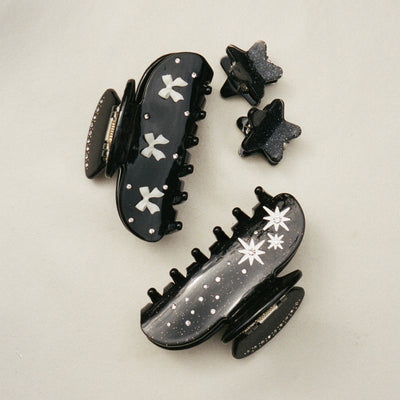 Baby Star Clip Set in Black Tinsel with sweetheart clips