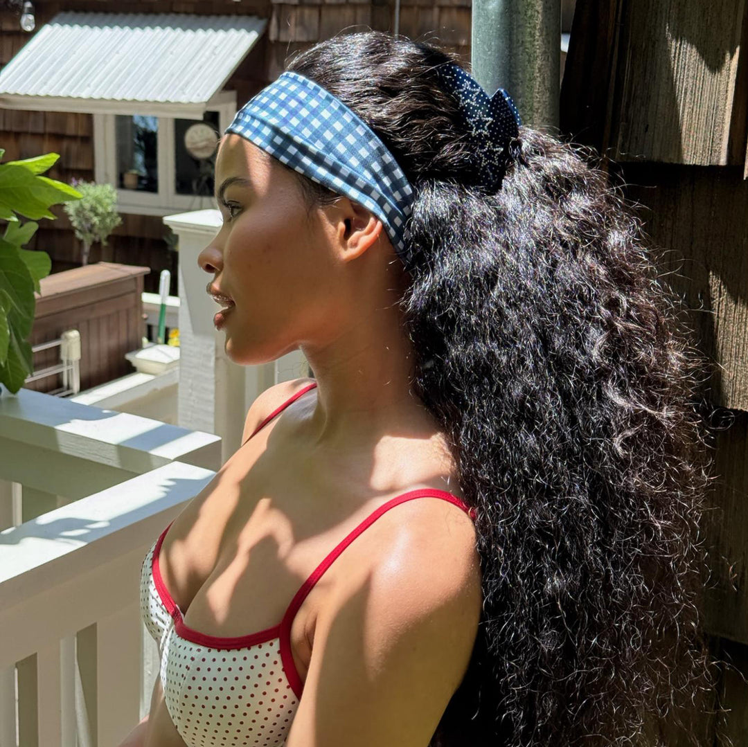 model wearing headband and Big Effing Clip in Polka Dot Darling