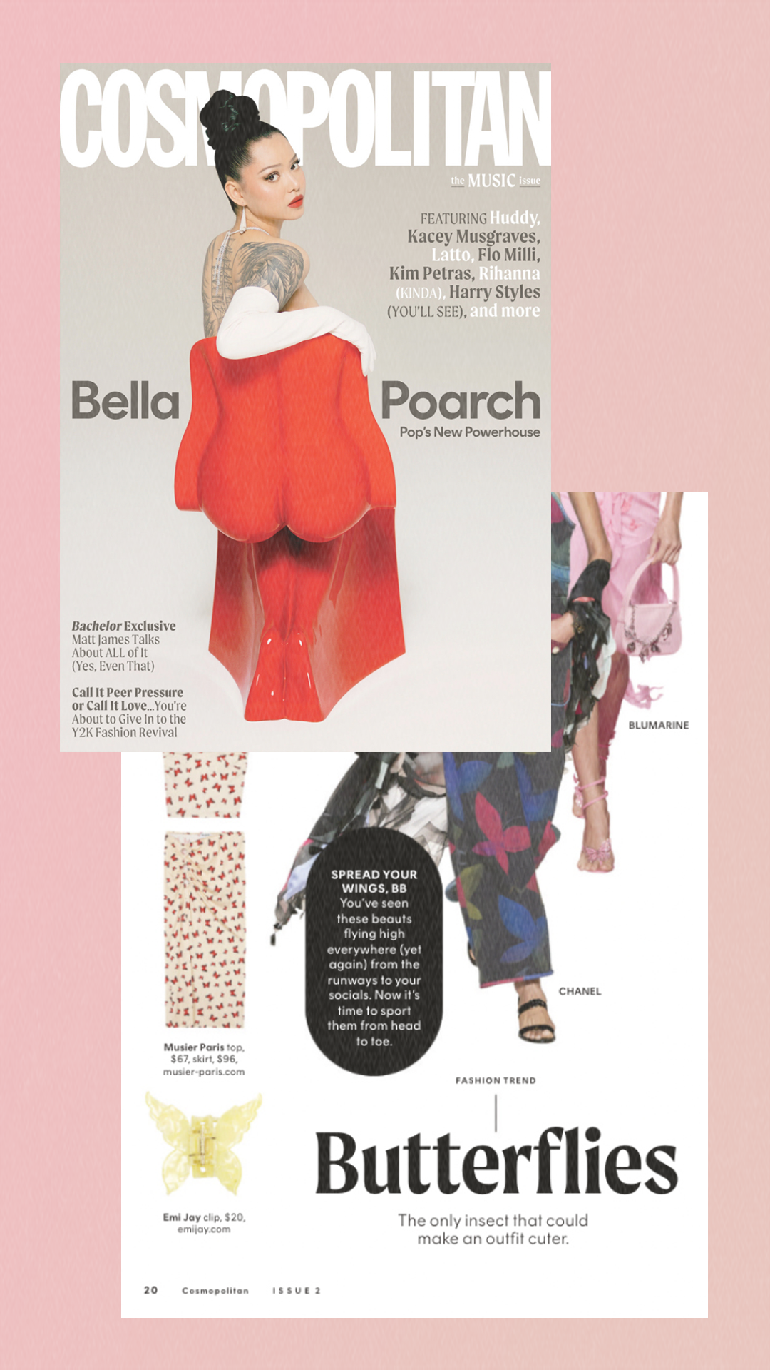 Cosmopolitan Magazine April 2022 Bella Poarch- Butterflies. The only insect that could make an outfit cuter. Spread your wings, BB. Emi Jay Clip $20