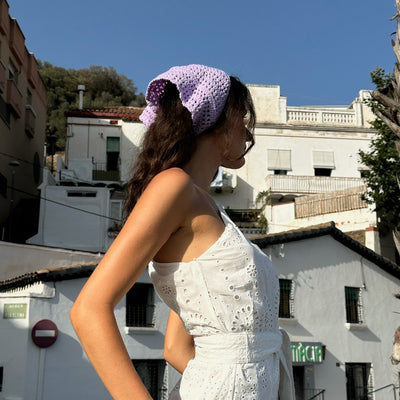 model wearing Crochet Head Scarf in Honey Lavender