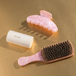 angelstick with big effing clip in pink sugar and mini boar bristle brush in pink sugar