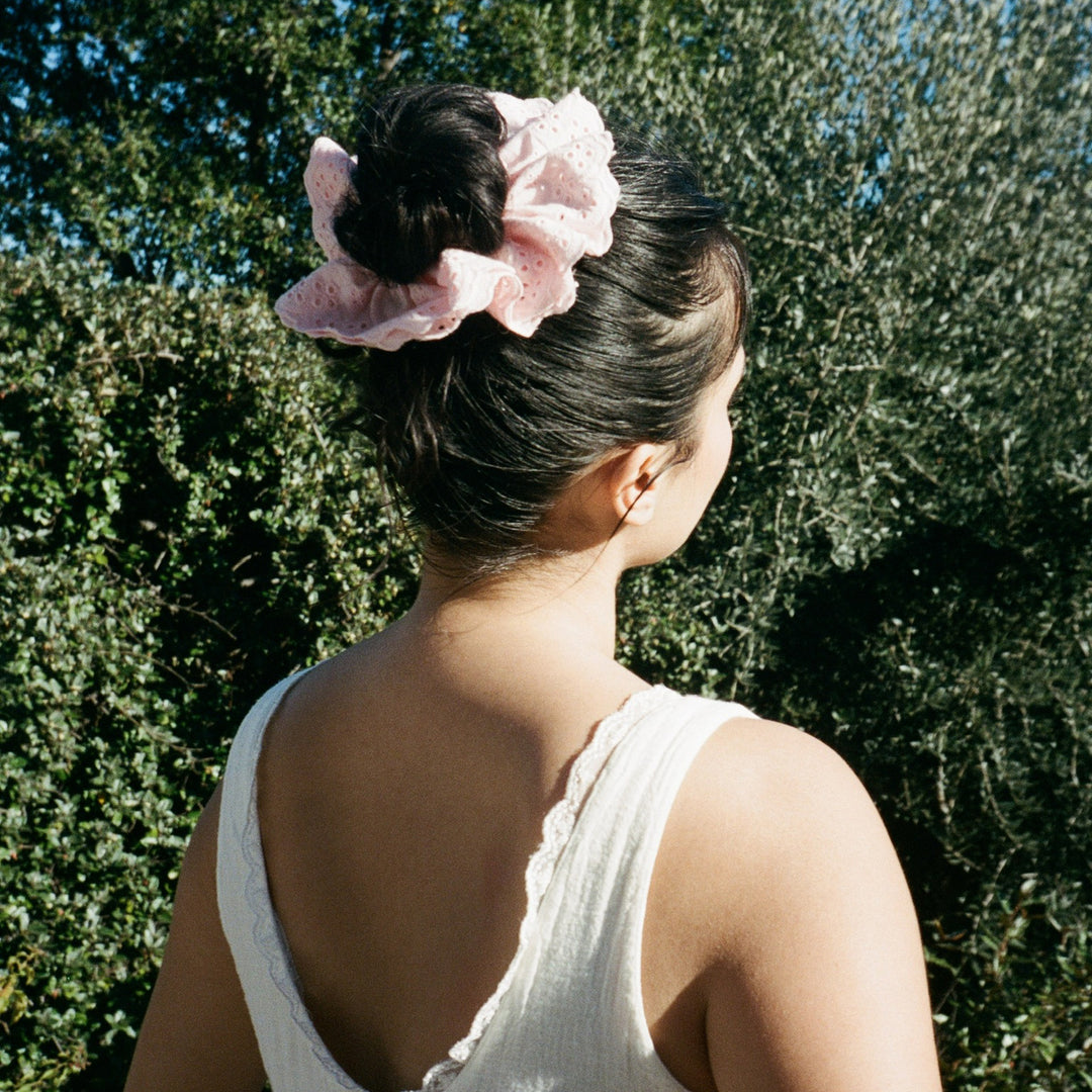 model wearing Eyelet Scrunchie in Cherry Blossom