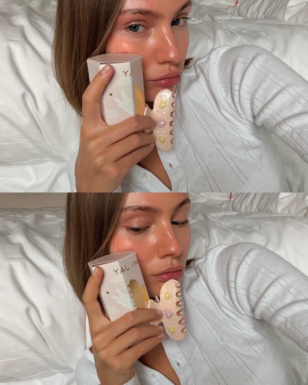 model sitting on bed wearing sweetheart clip in chantilly fleur in hair