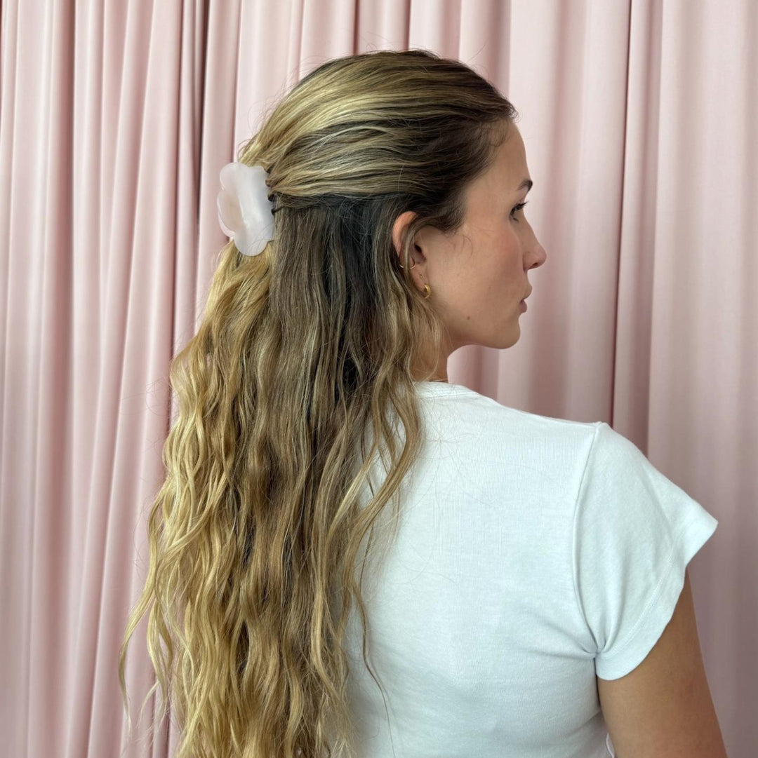 model wearing Mini Cloud Clip in Pink Smoke in hair