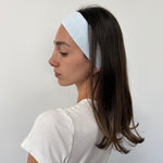 model wearing Pointelle Headband in Azure