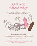 emi jay spritz stop
need a spritz? celebrate a very EJ summer with FREE aura hair + body mists!
Friday 6/26 12 pm - 2 pm
parked by 11908 san vicente blvd los angeles ca
stop spritz and summer
receive a free aura hair + body mist of your choice
one day only
while supplies last one per person
