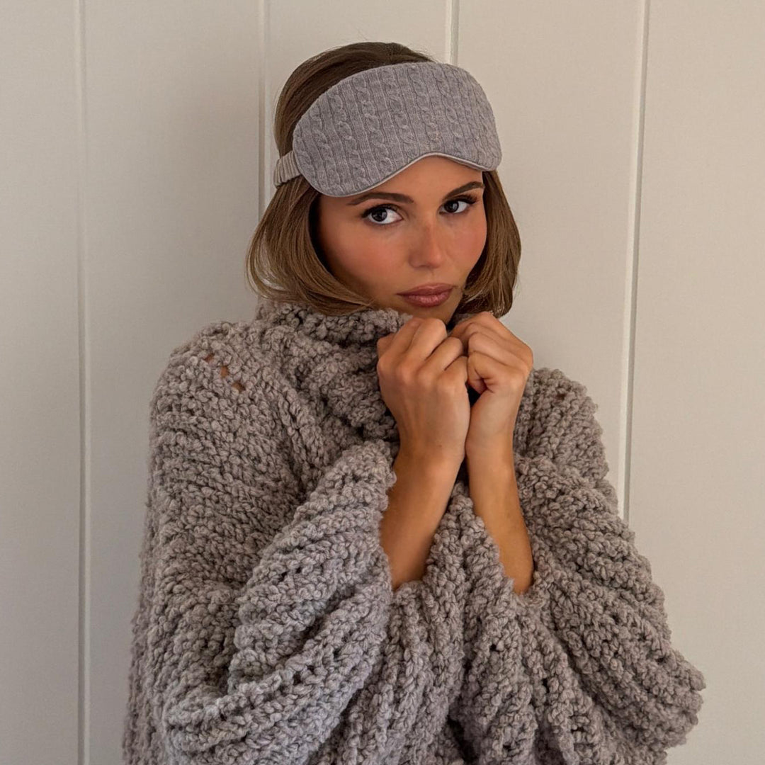 olivia jade wearing Sweet Dreams Eye Mask in Heather Cloud Knit