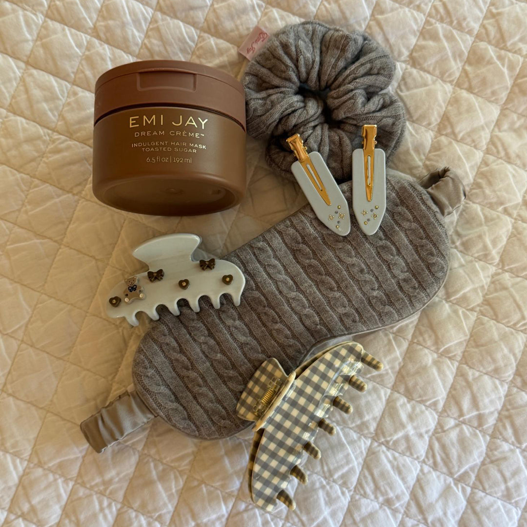 Sweet Dreams Eye Mask in Heather Cloud Knit with assorted hair care and accessories