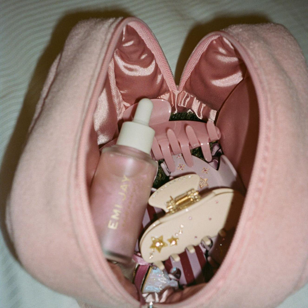 Terry Pouch in Baby Mauve with assorted emi jay hair care and accessories