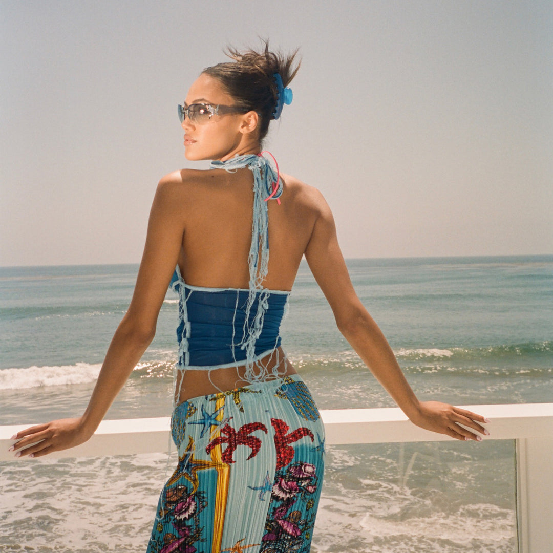 model wearing Big Effing Clip in Blue Crush in hair