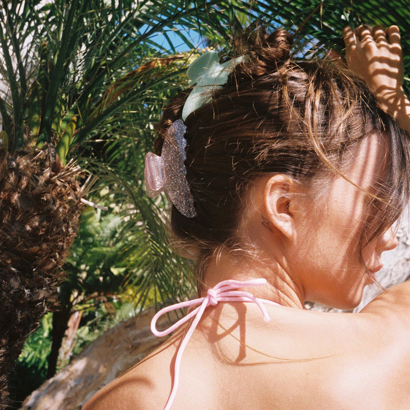 closeup of Big Effing Clip in Beach Fairy + Pistachio in hair