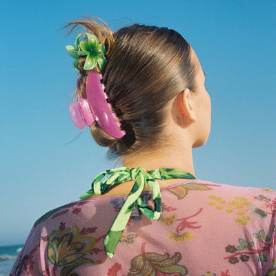 model wearing Midi Super Bloom Clip in Honeydew + Big Effing Clip in Blossom in hair