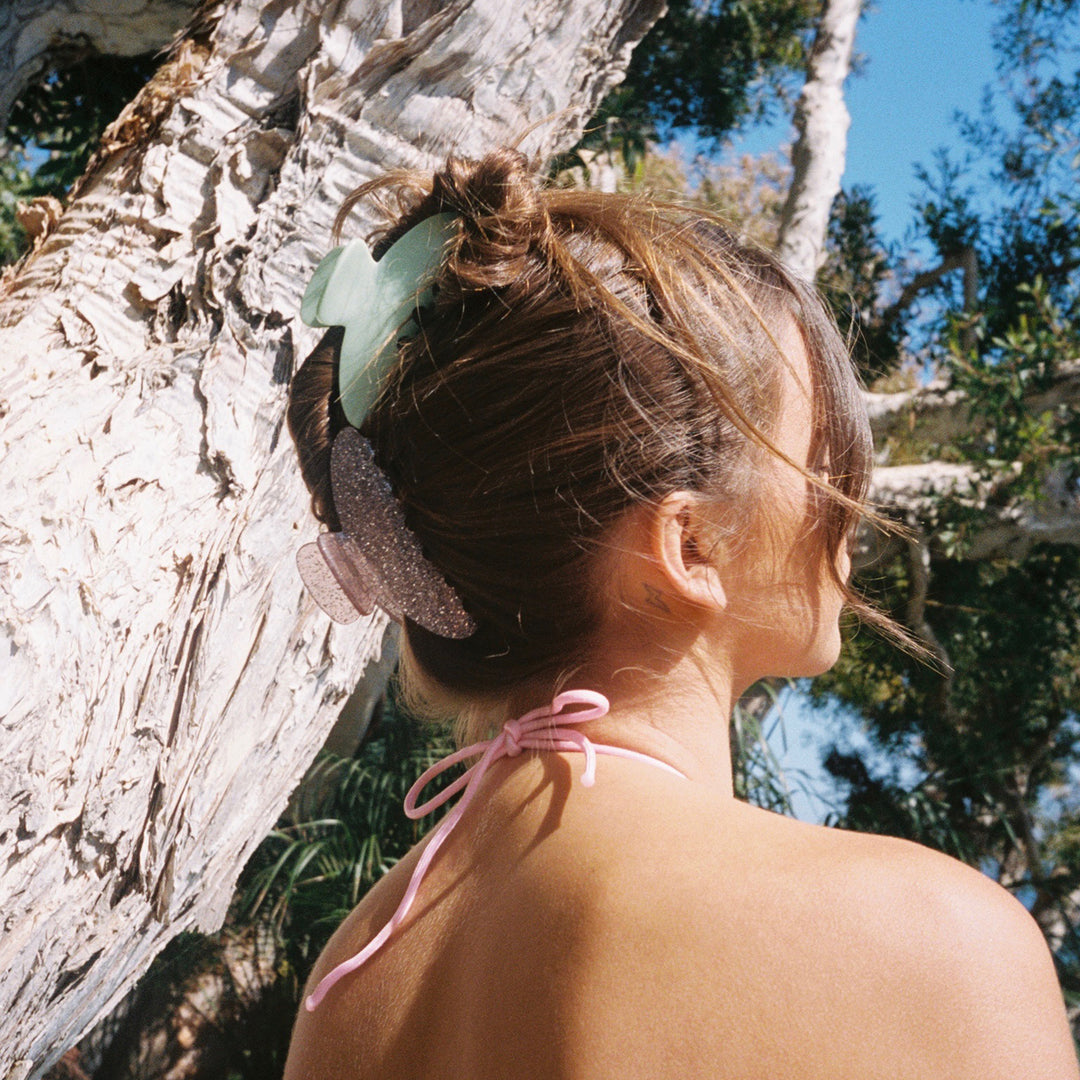 model with Big Effing Clip in Pistachio + Beach Fairy in hair
