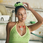 model wearing Cotton Scrunchie in Sweetpea in hair